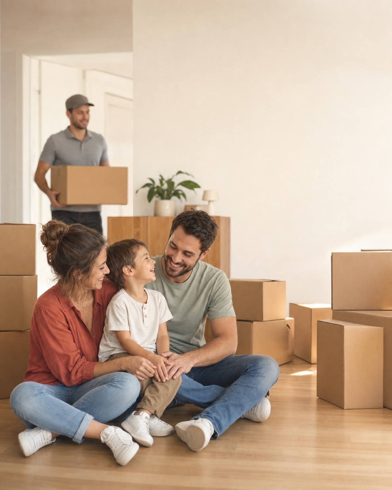 Famille installée dans un intérieur lumineux entourée de cartons de déménagement