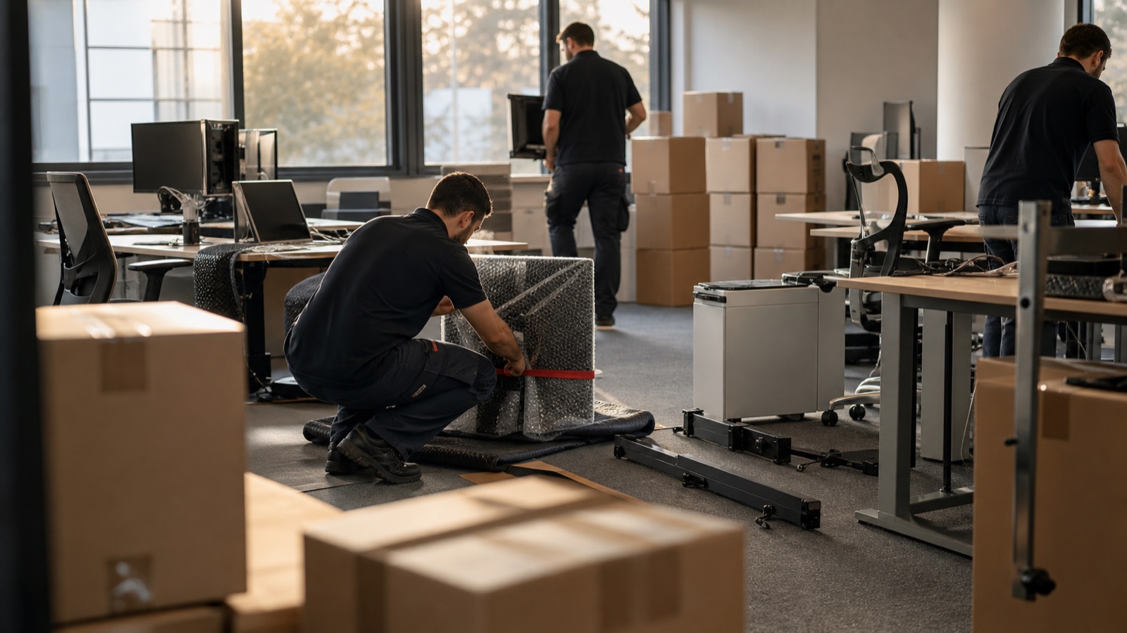 Équipe FID démontant et protégeant le mobilier dans un open space de bureaux